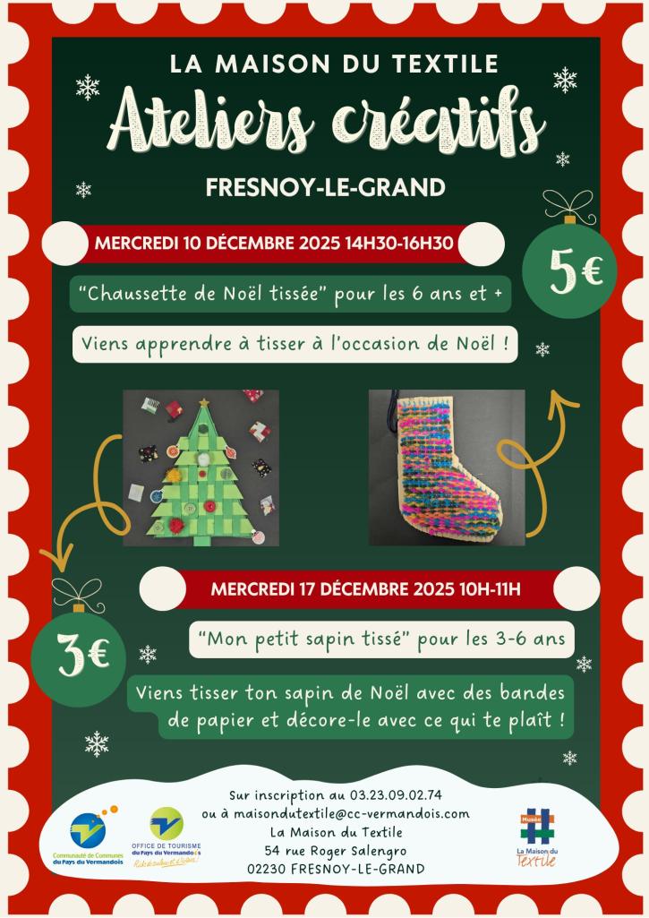 Affiche ateliers créatifs décembre 2025 à La Maison du Textile